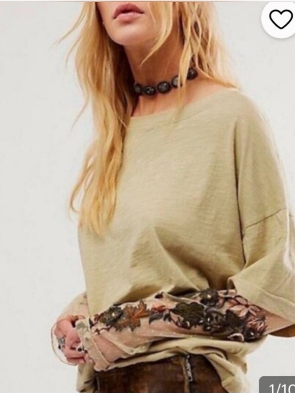 Free People Gardener Tee Embroidered Mesh Sleeve Khaki Green